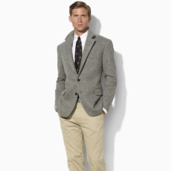 Vintage Polo Ralph Lauren Black & Cream Wool Herringbone Tweed & Leather Blazer - Picture 10 of 17